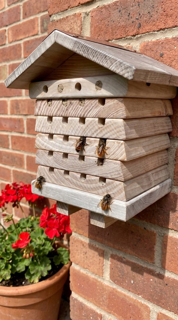 Weathered Blossom Warden on a terrace wall with red mason bees