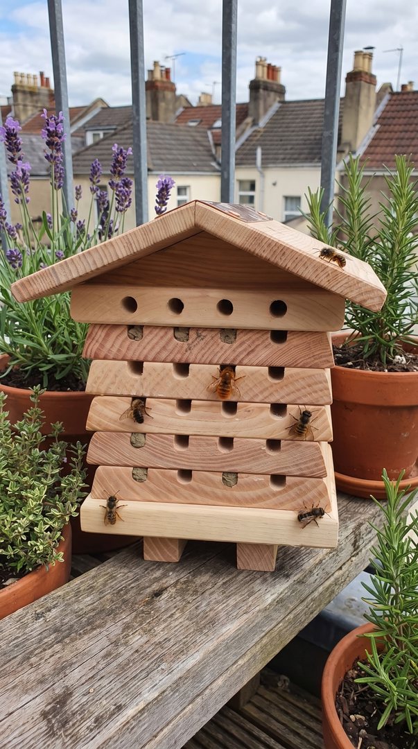 Red mason bees on the Blossom Warden on a city balcony