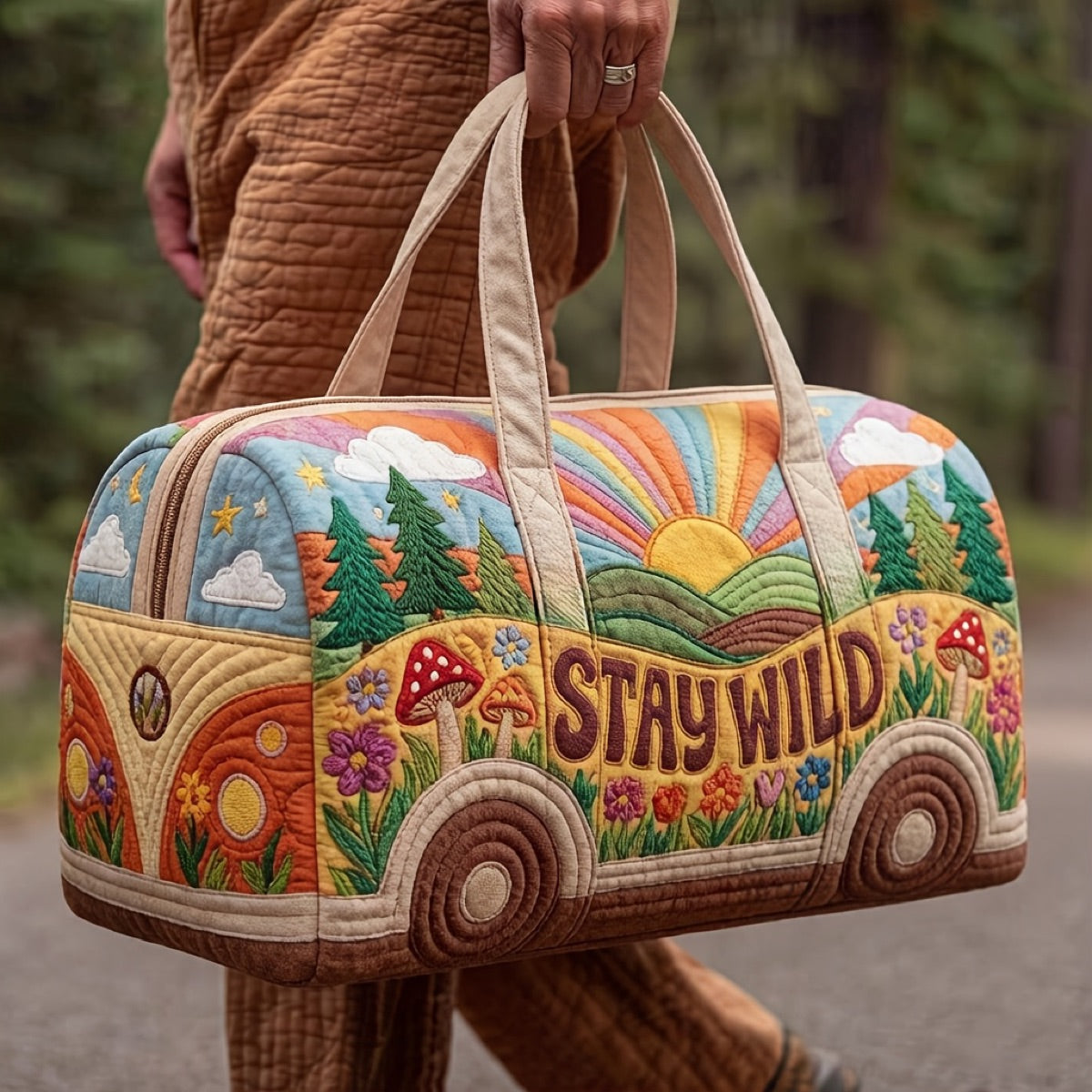 Stay Wild Forest hand-quilted Kombi weekender