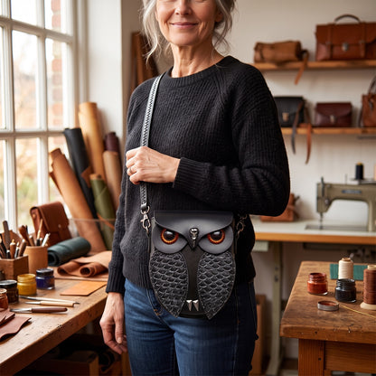 The owl bag worn crossbody, showing how it sits at hip height