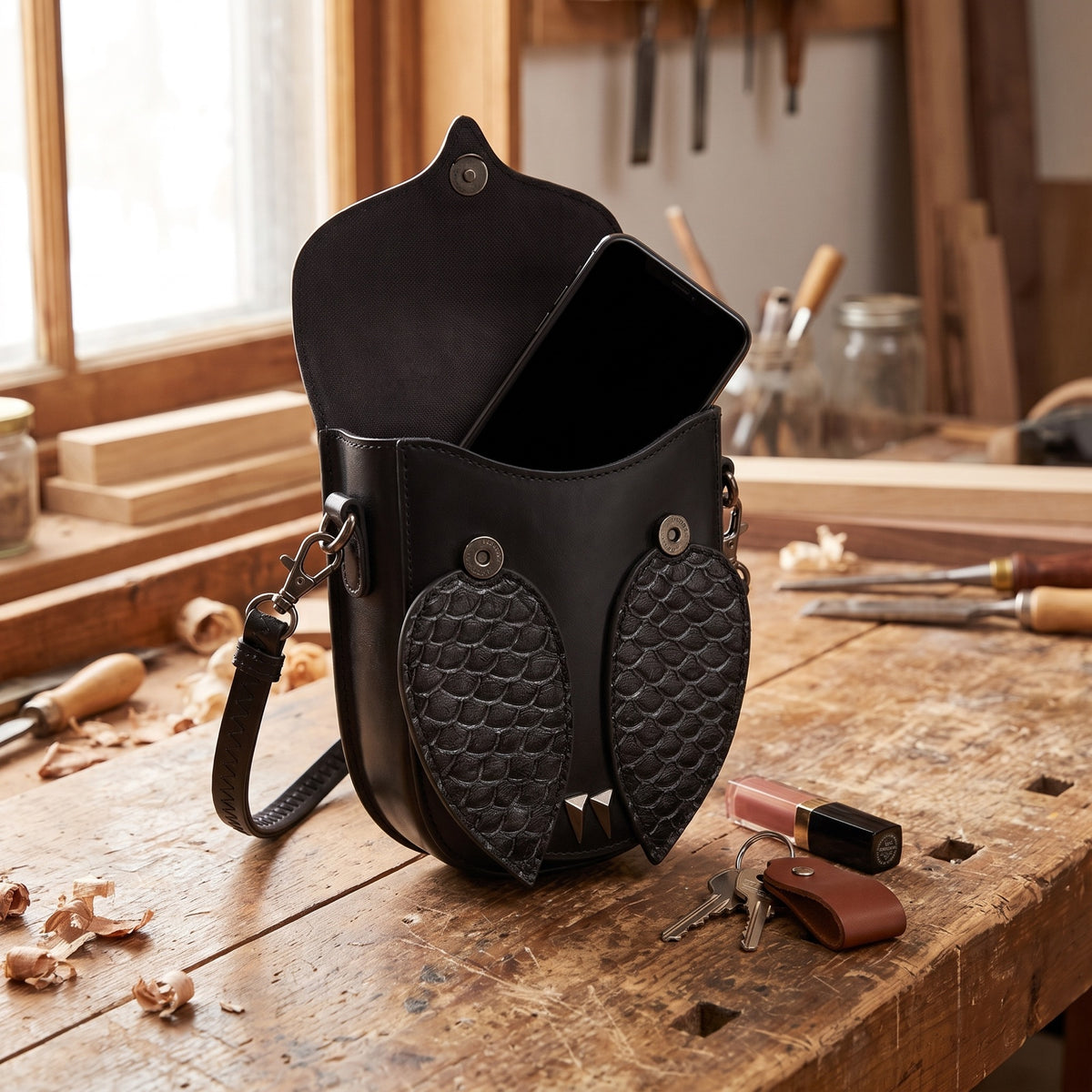 The owl bag open with a phone slipped inside, keys and lipstick beside it