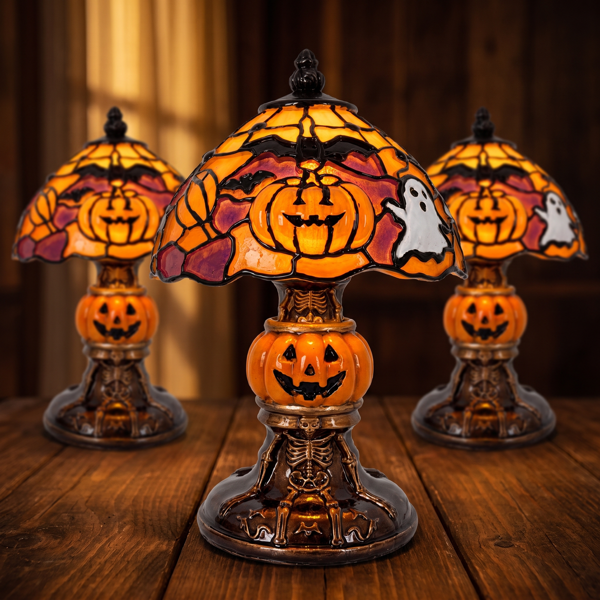 Three of the lamps lit together on a wooden table