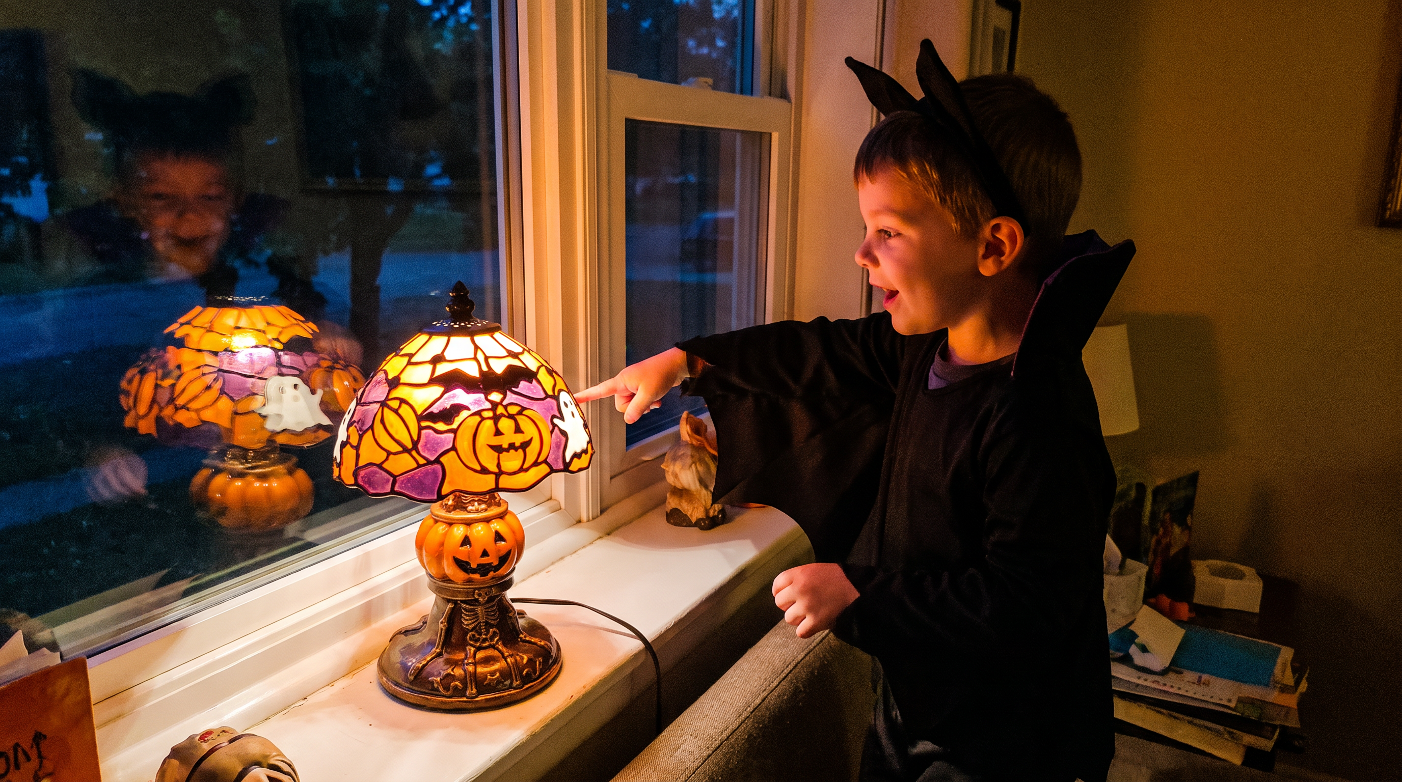 Child pointing at the lit lamp on the windowsill