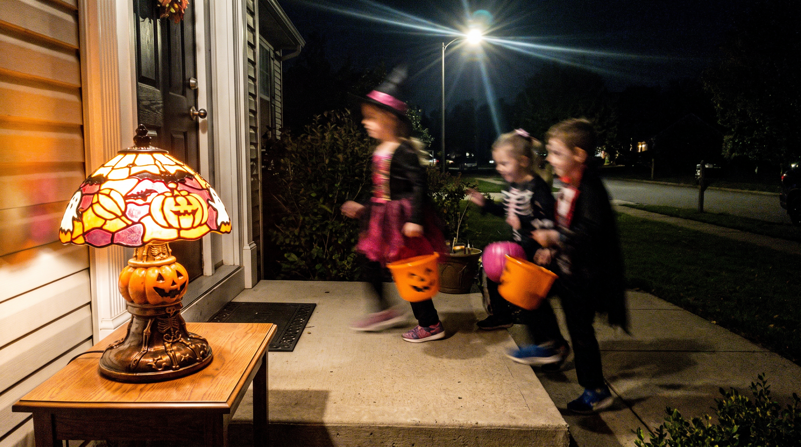 Lit lamp on the porch on Halloween night