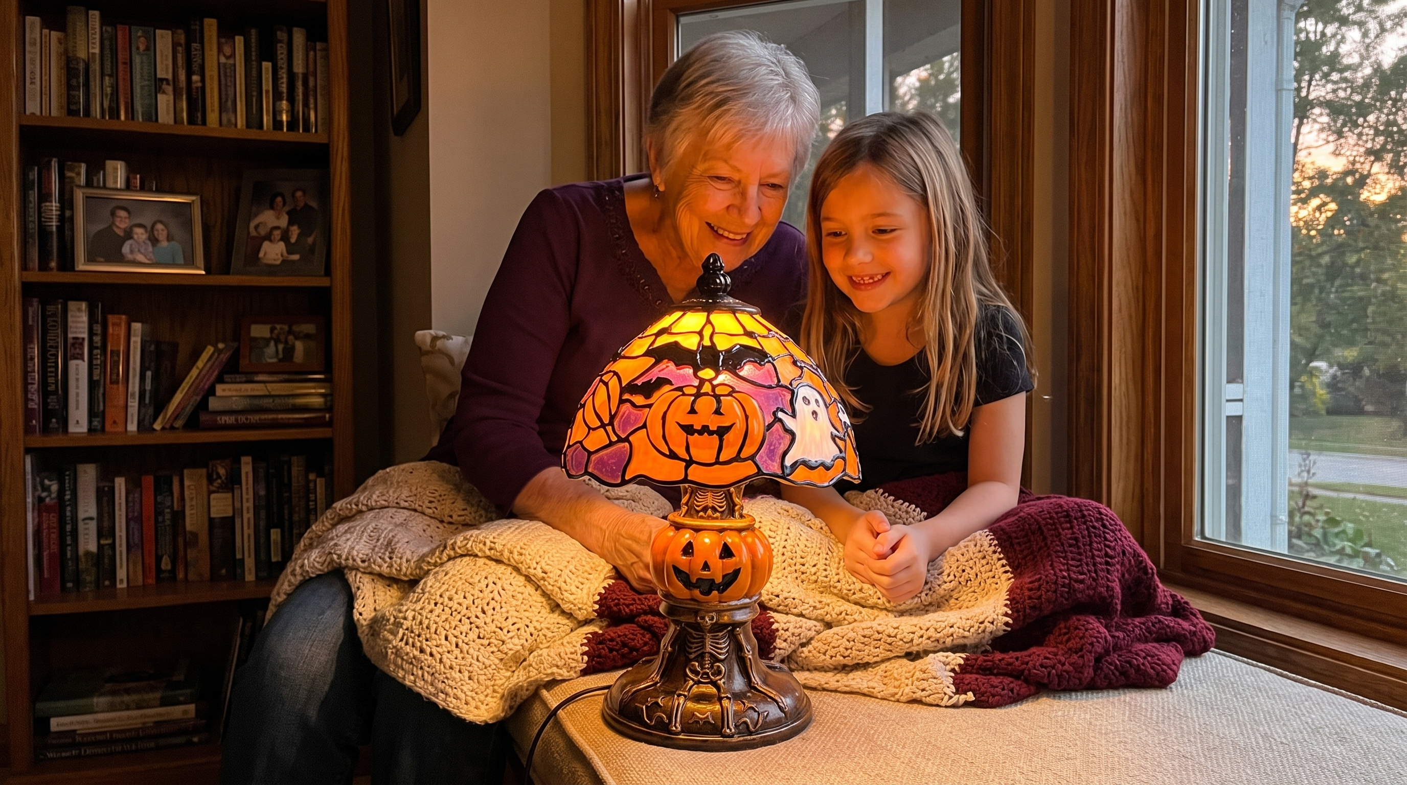 Grandmother and granddaughter with the lit lamp