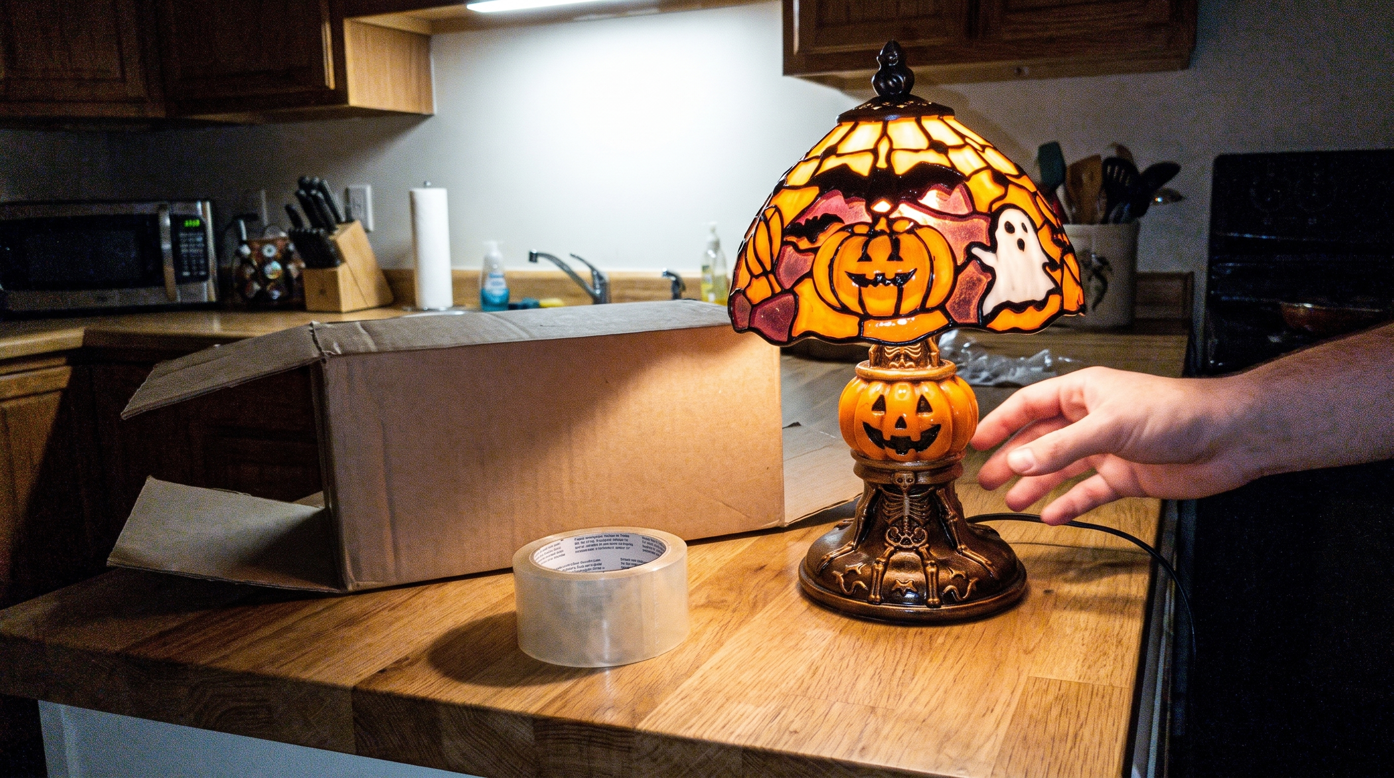 The lamp beside its box on the kitchen counter