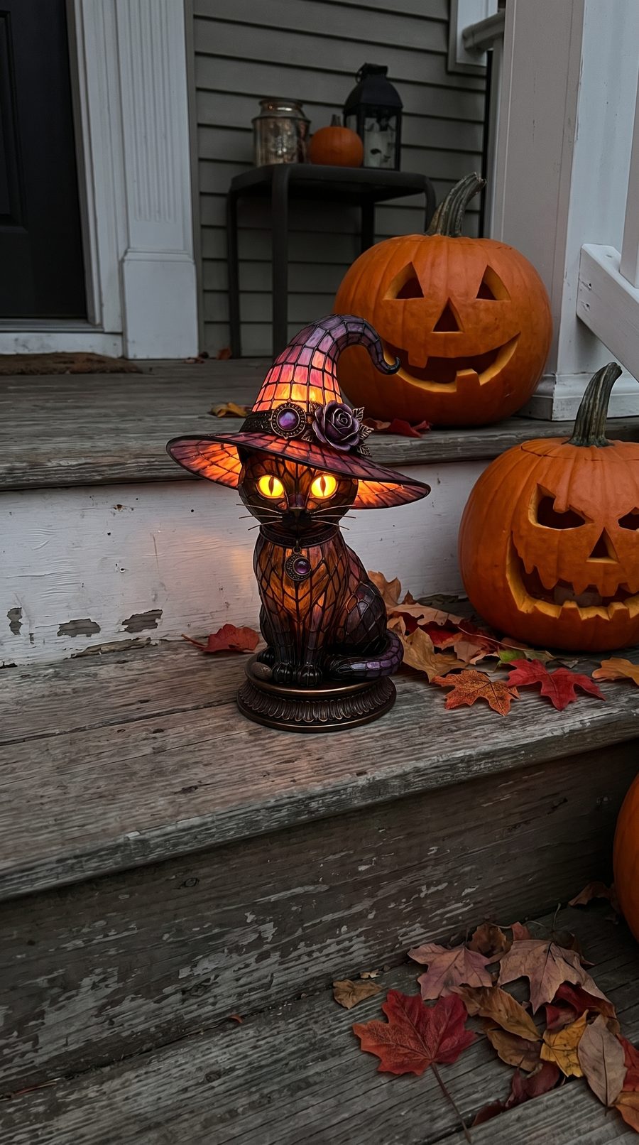 Customer photo: the lamp on a porch beside jack-o-lanterns