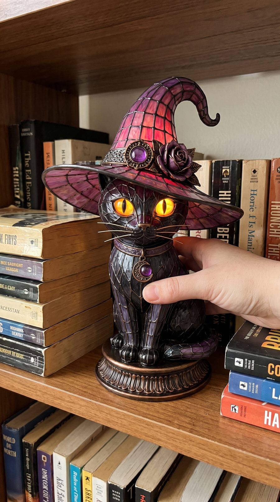 Customer photo: the lamp being placed on a bookshelf