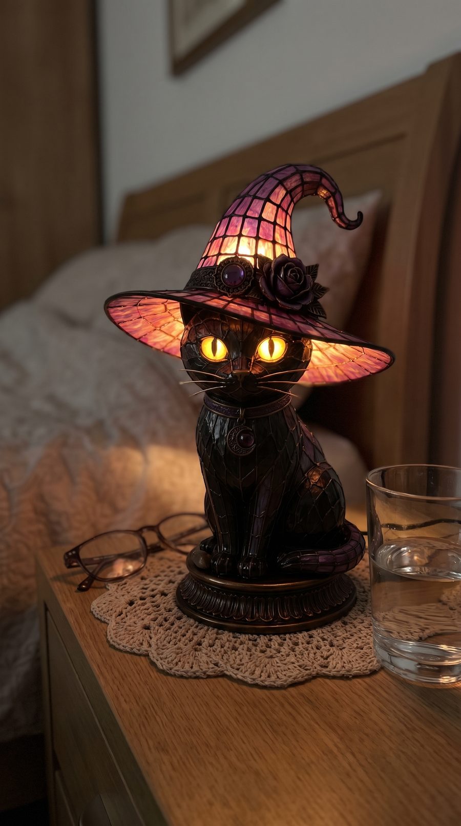 Customer photo: the lamp on a bedside table at night