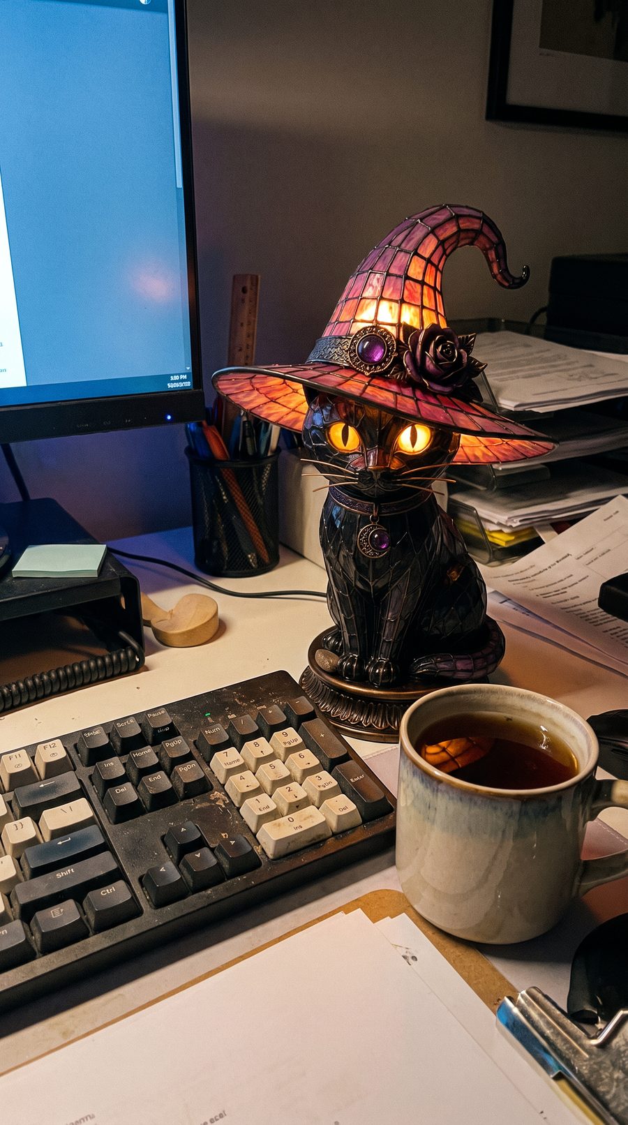 Customer photo: the lamp on a home office desk in the evening