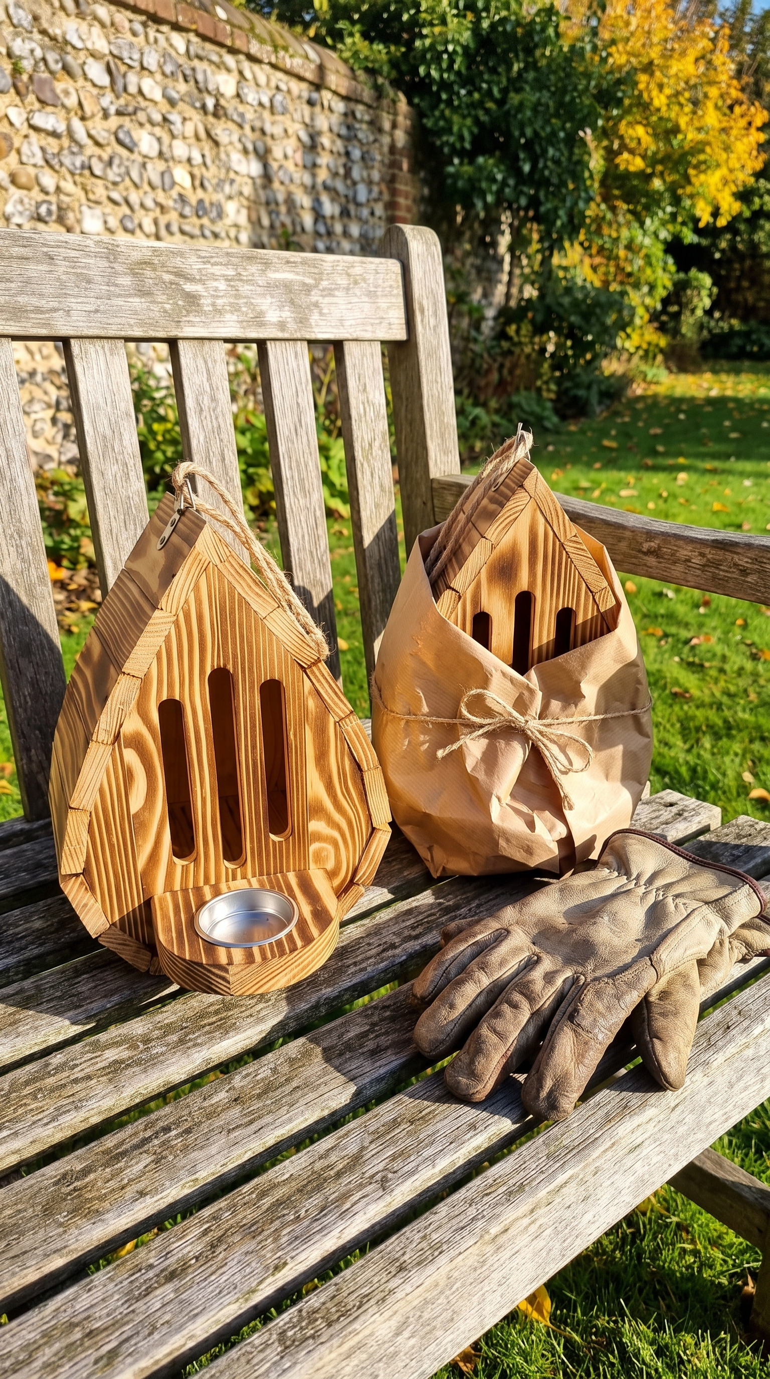 Two butterfly houses on a garden bench, one gift-wrapped
