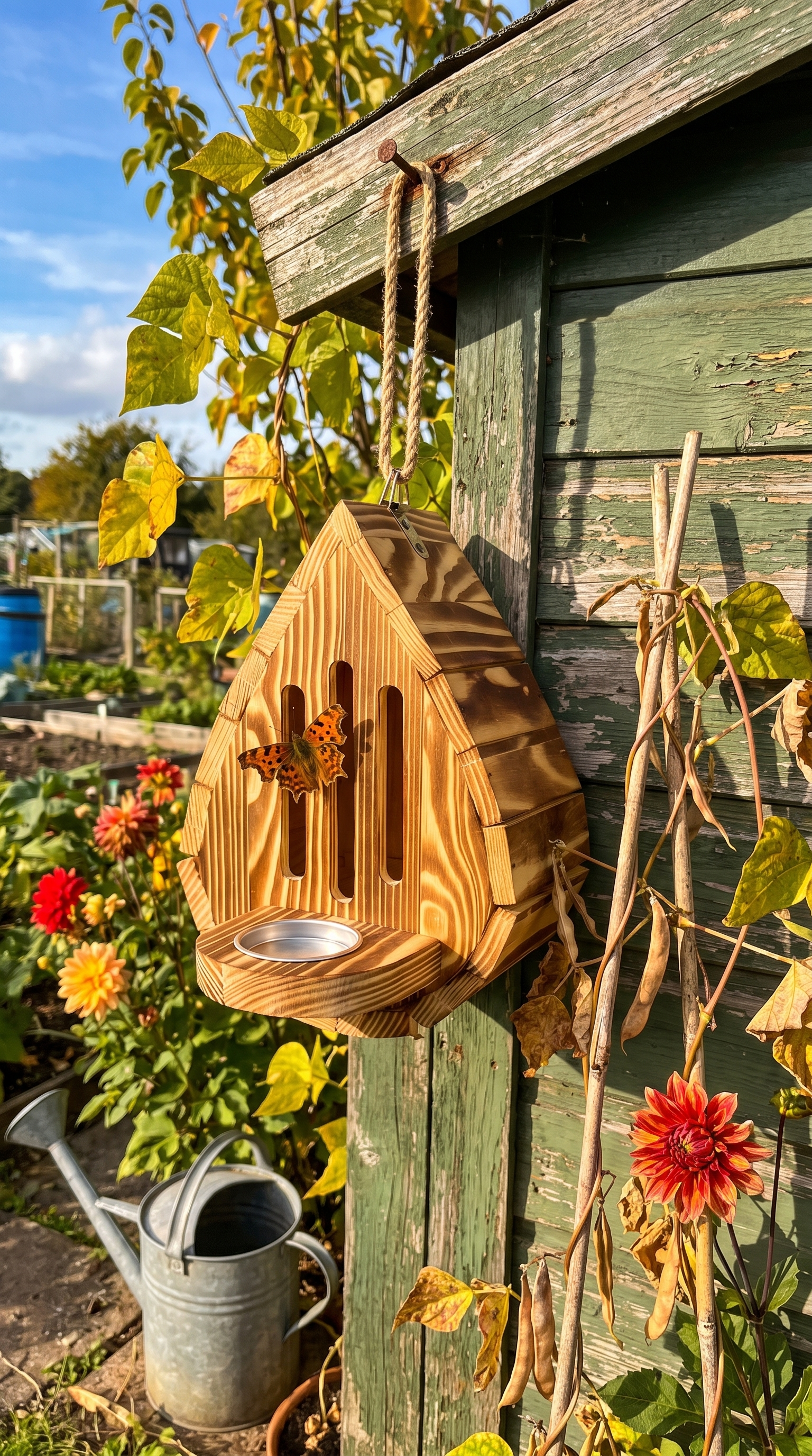 Comma on the butterfly house at an allotment shed